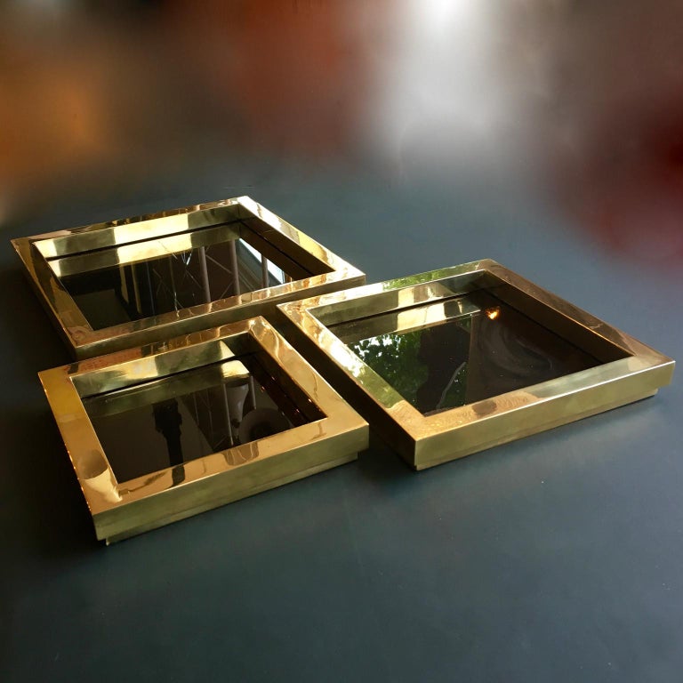 Three Square Brass Stacking Trays or Dishes, 1970s, Attributed to Willy