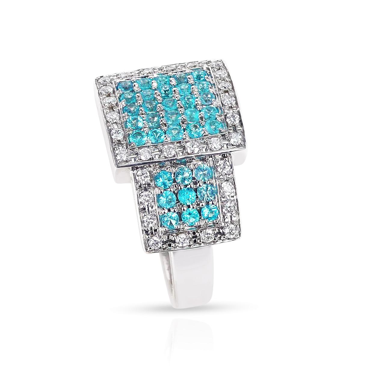 Three Square Cocktail Brazilian Paraiba Tourmaline and Diamond Ring, 18k In Excellent Condition For Sale In New York, NY