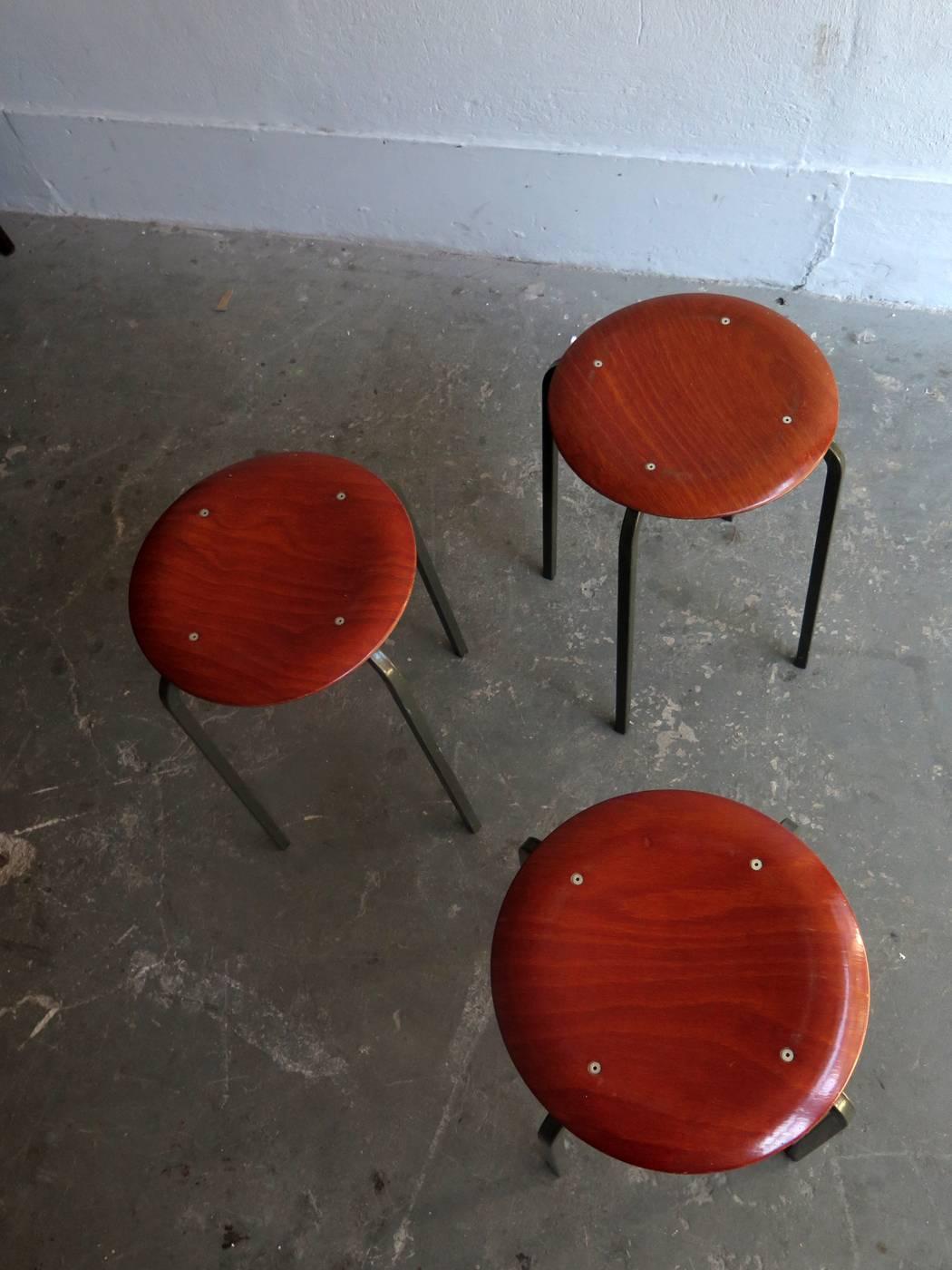 Mid-Century Modern Three Stackable Elegant Stools with Molded Plywood and Rosewood Venner Seat For Sale