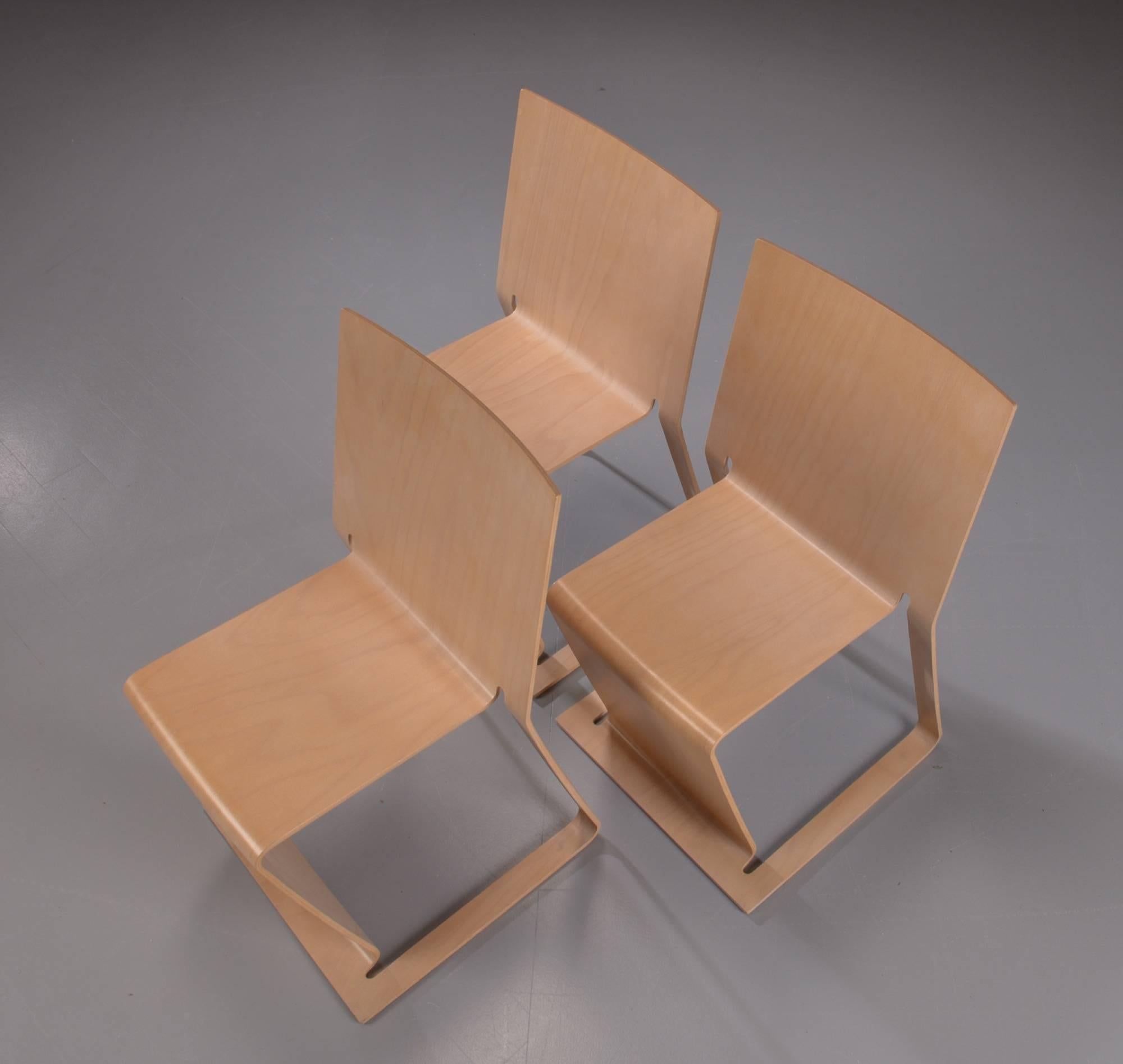Three stacked Swedish lForm chairs
Swedish Iform, three stacked chairs in shaped and lacquered beech fins.