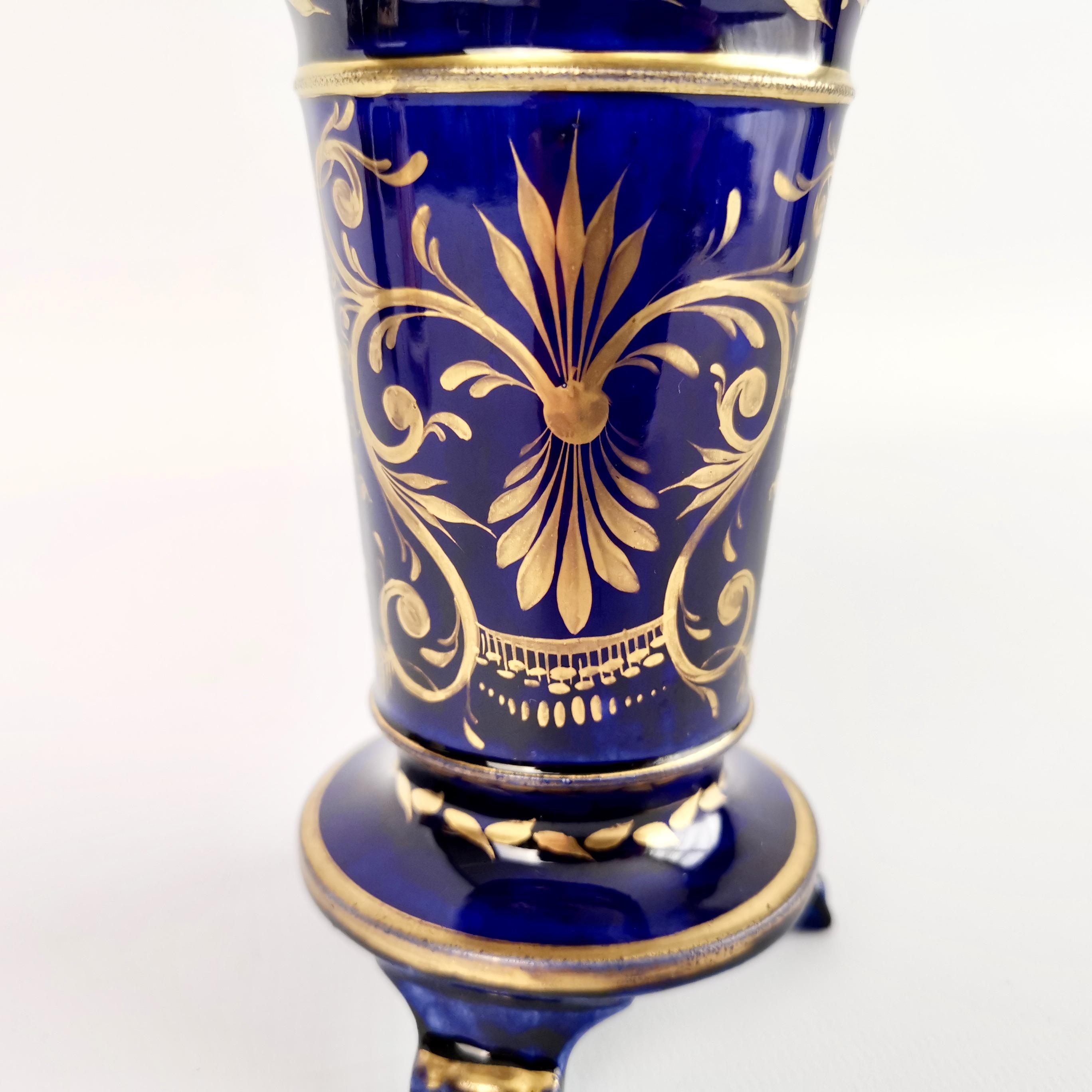 Hand-Painted Three Staffordshire Porcelain Spill Vases Floral Cobalt Blue, Regency circa 1820 For Sale
