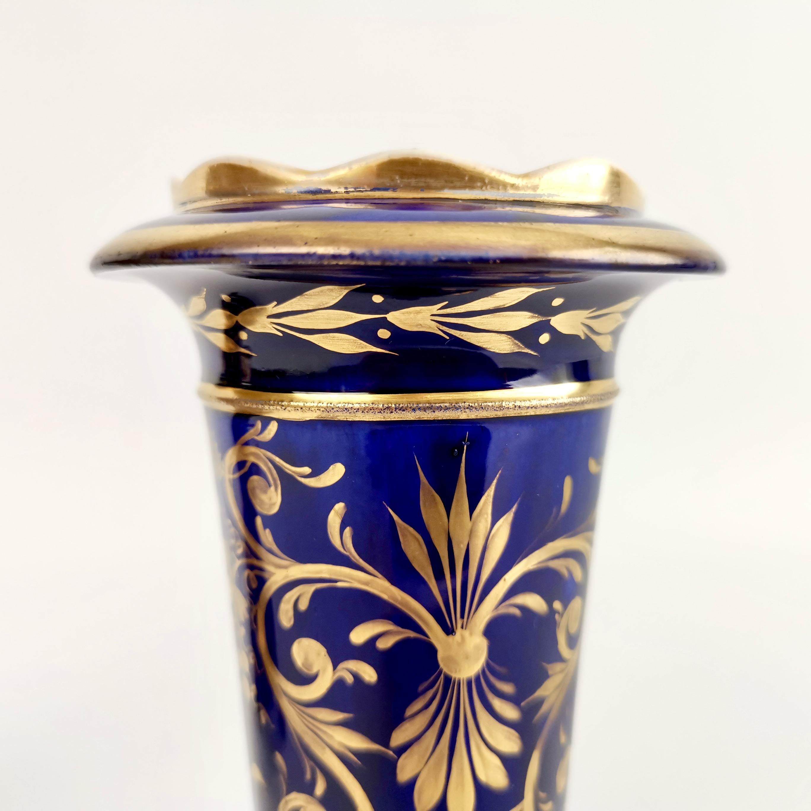 Three Staffordshire Porcelain Spill Vases Floral Cobalt Blue, Regency circa 1820 For Sale 1
