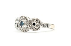 Three Station Blue & White Diamond Halo Ring in 14k White Gold