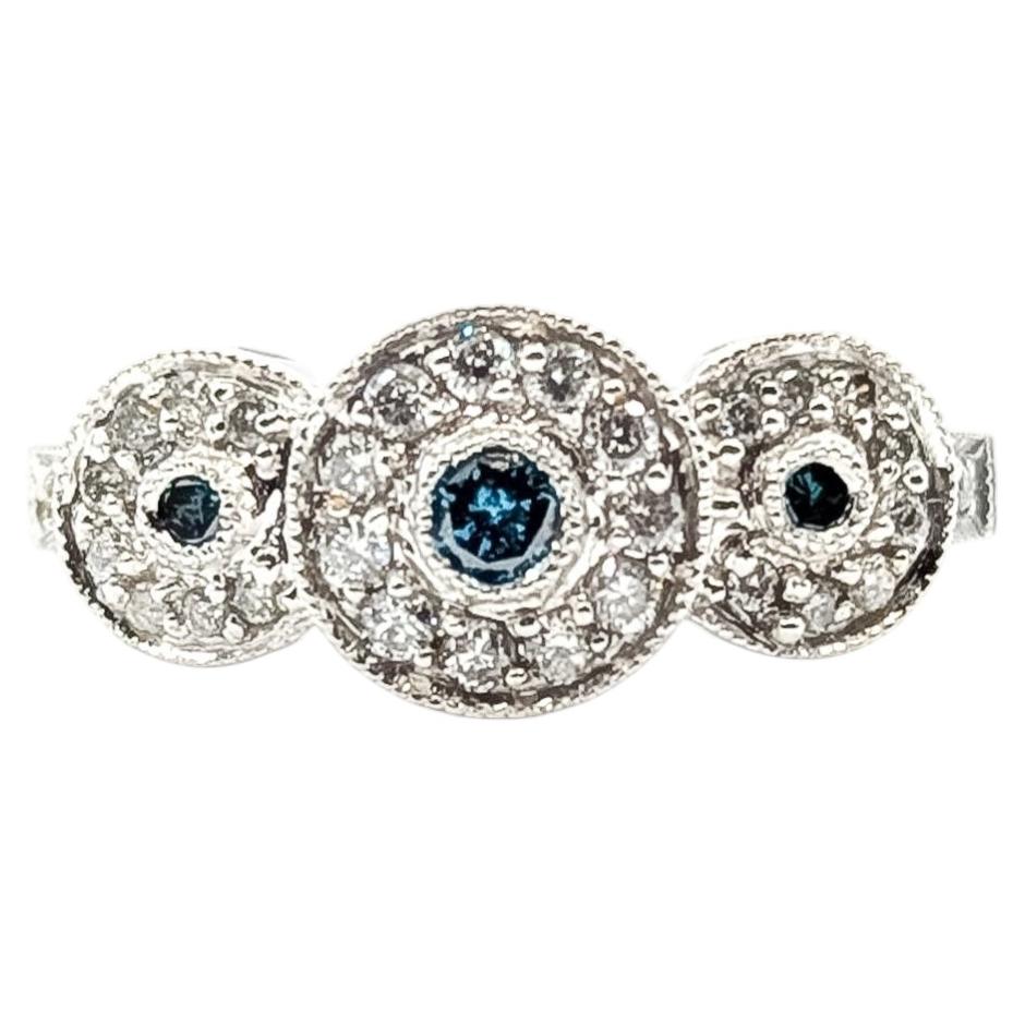 Three Station Blue & White Diamond Halo Ring in 14k White Gold For Sale