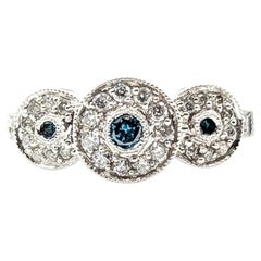 Three Station Blue & White Diamond Halo Ring in 14k White Gold