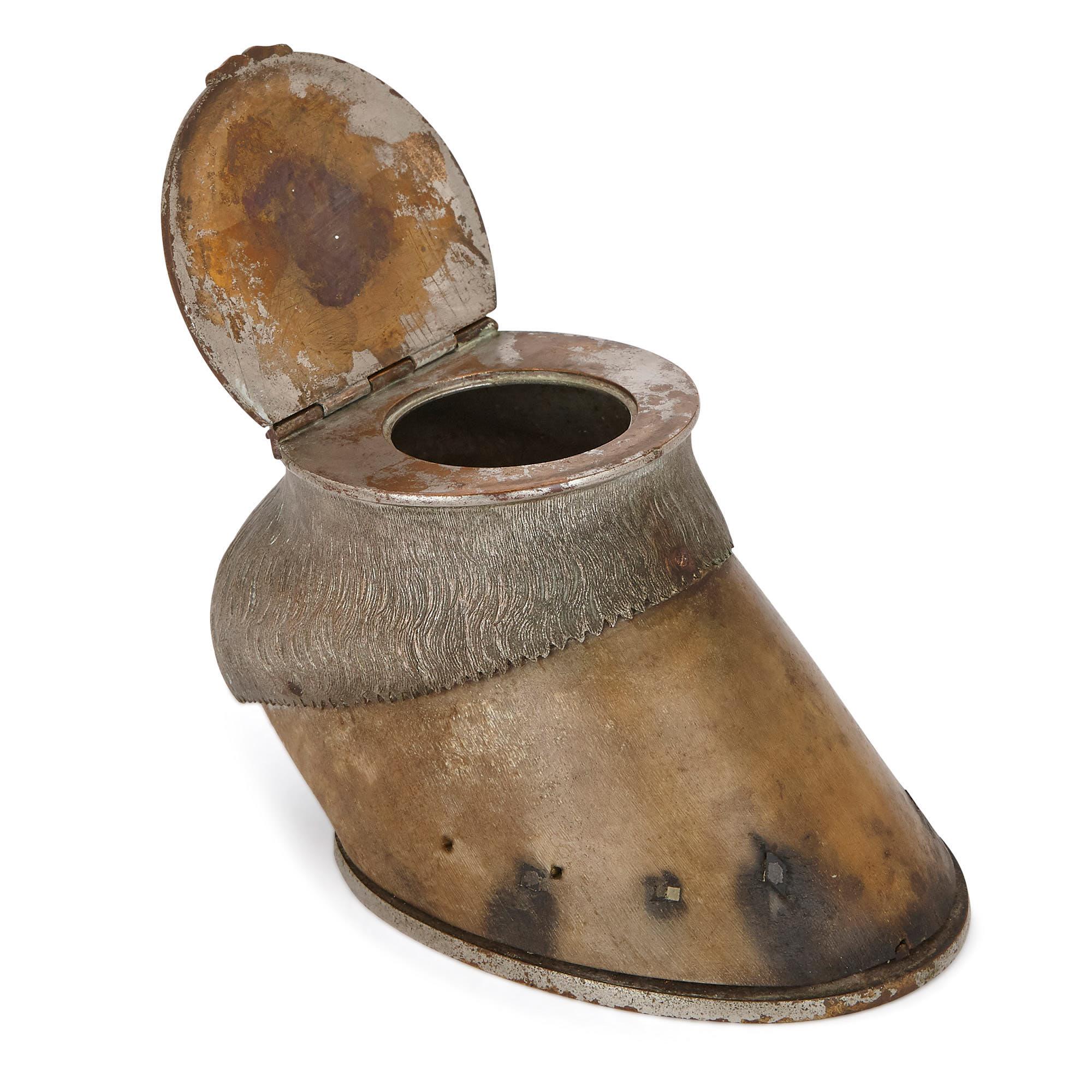 These interesting inkwells were crafted in Britain between the Victorian period and early to mid-20th century. 

The works have been created from horse hooves, applied with sterling silver mounts. Each hoof has been set onto a silver horseshoe and