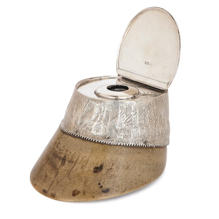 Victorian Three Sterling Silver Mounted Commemorative Horse Hoof Inkwells For Sale