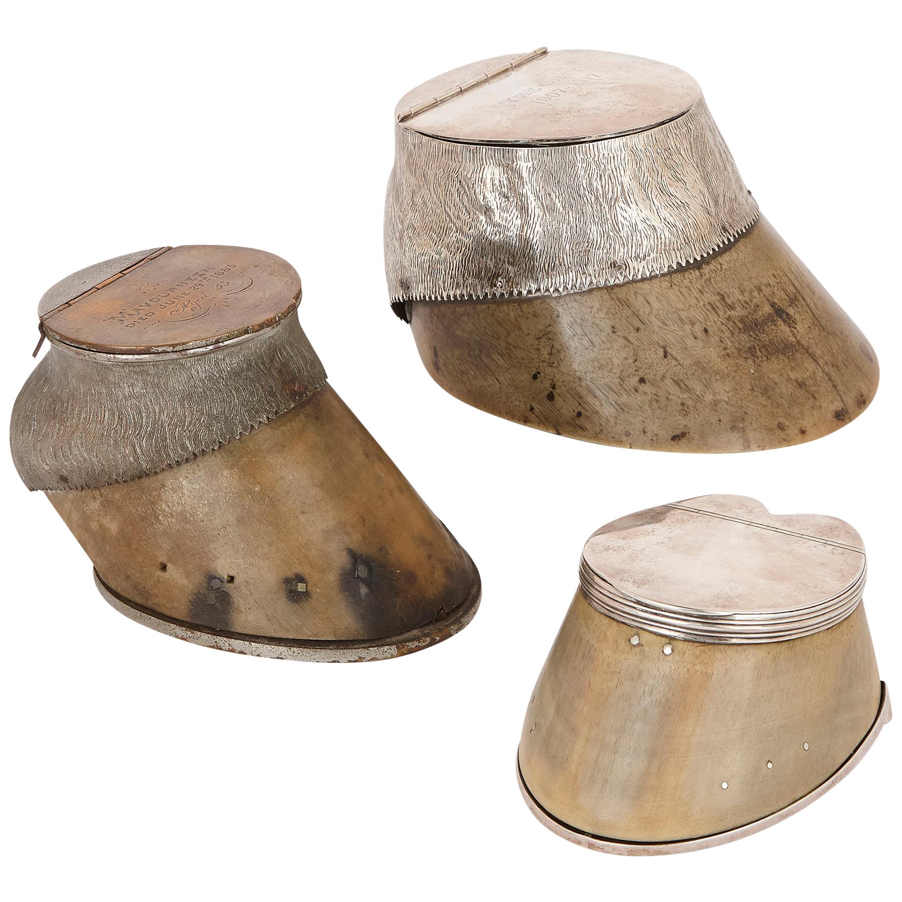 Three Sterling Silver Mounted Commemorative Horse Hoof Inkwells
