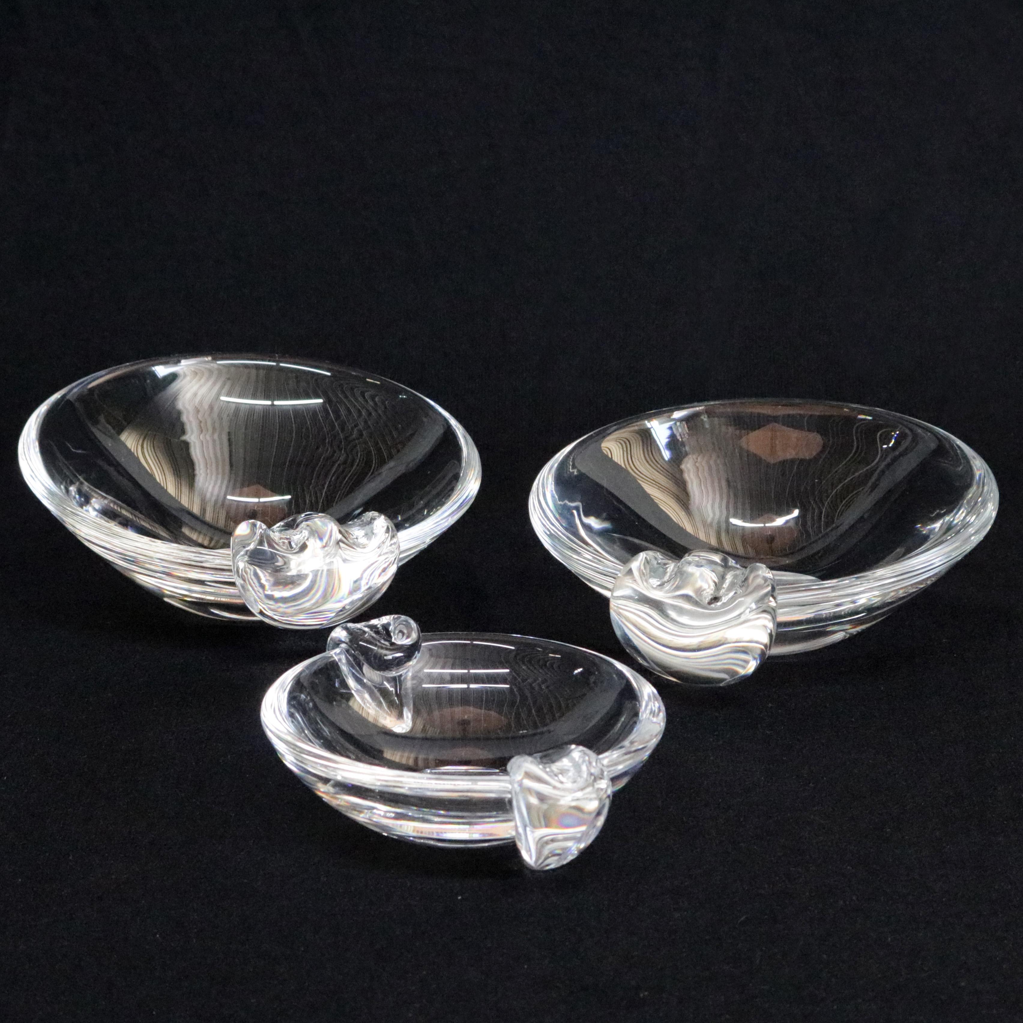 Three Steuben Crystal Sloping Bowl Art Glass Ashtrays, Signed 3