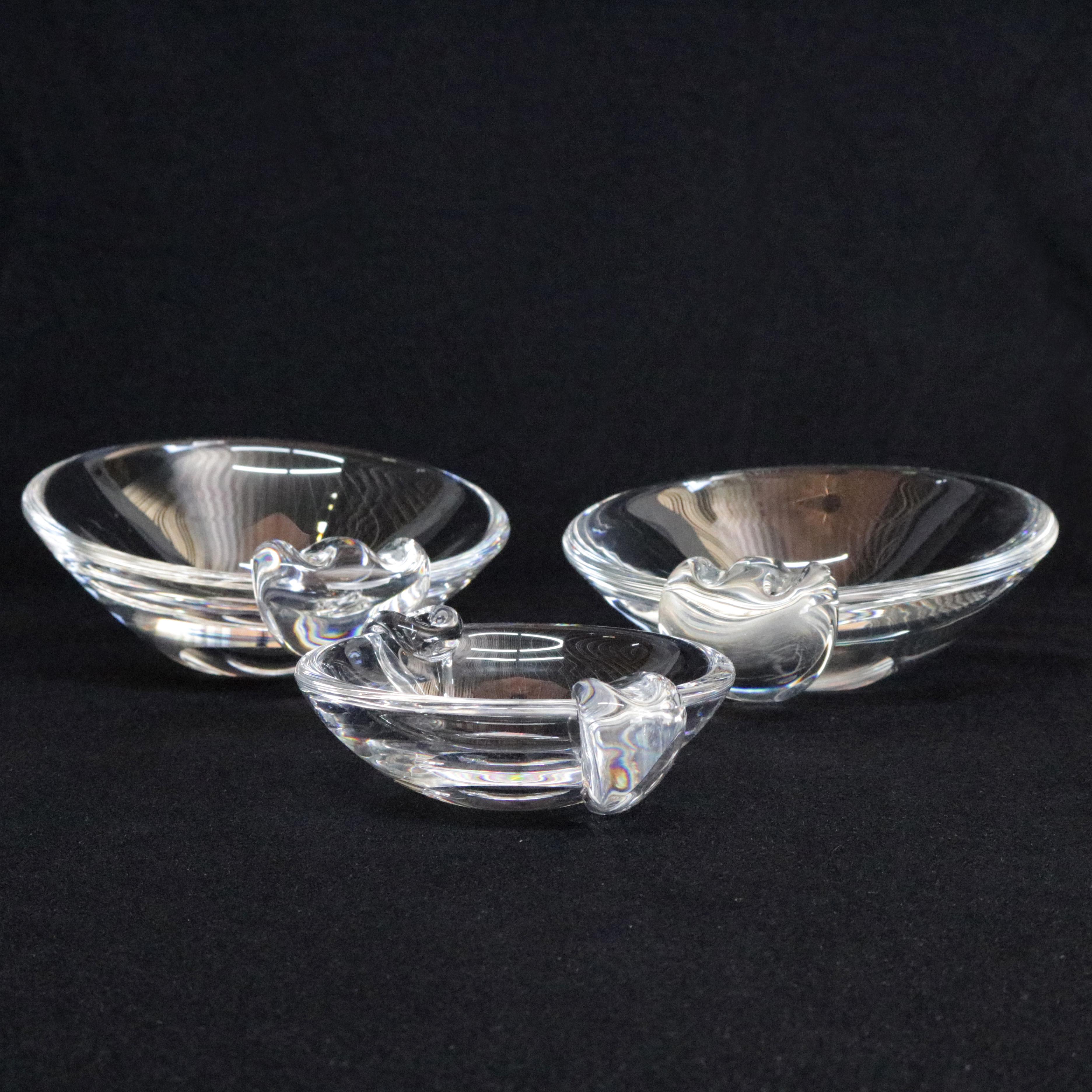 Three Steuben Crystal Sloping Bowl Art Glass Ashtrays, Signed 4