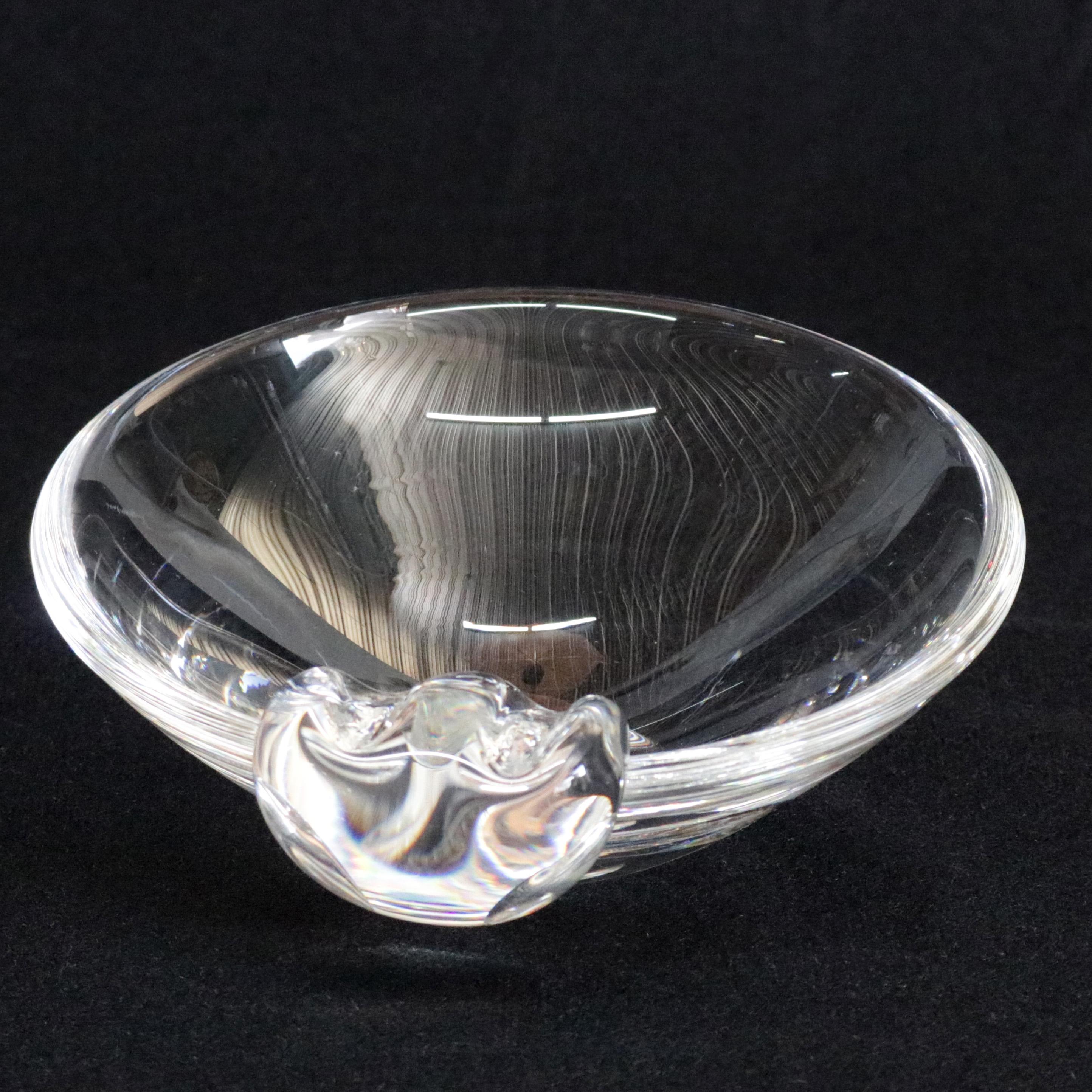 Mid-Century Modern Three Steuben Crystal Sloping Bowl Art Glass Ashtrays, Signed