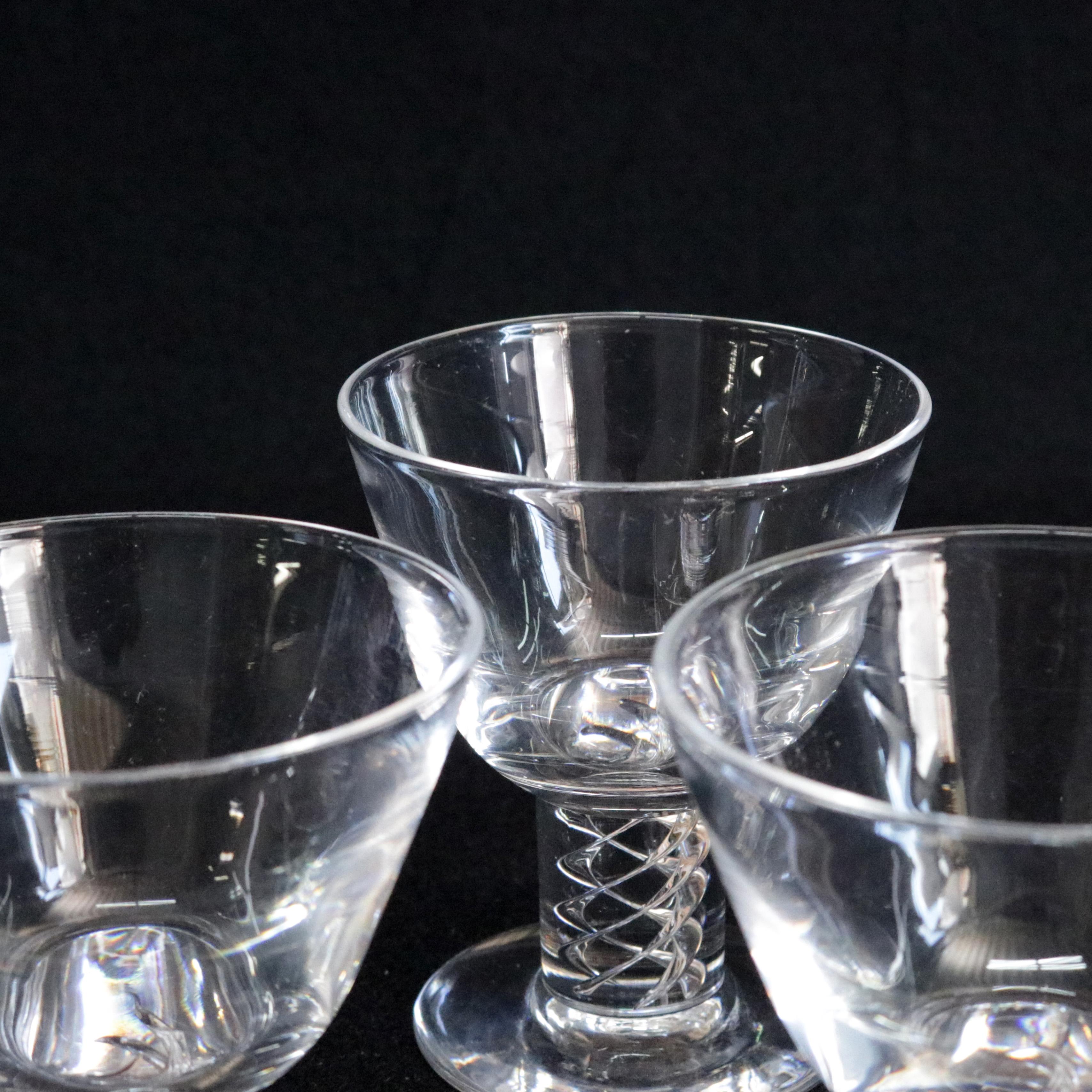 Hand-Crafted Three Steuben Crystal Twist Stem Art Glass Aperitif Glasses, Signed