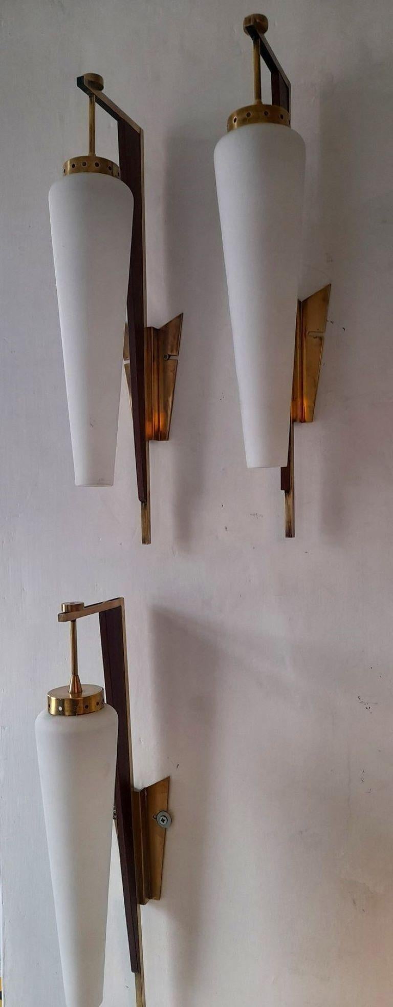 Mid-Century Modern Three Stilnovo Sconces Wall Lights Brass Satin Glass Wood Accents, Italy, 1950s For Sale
