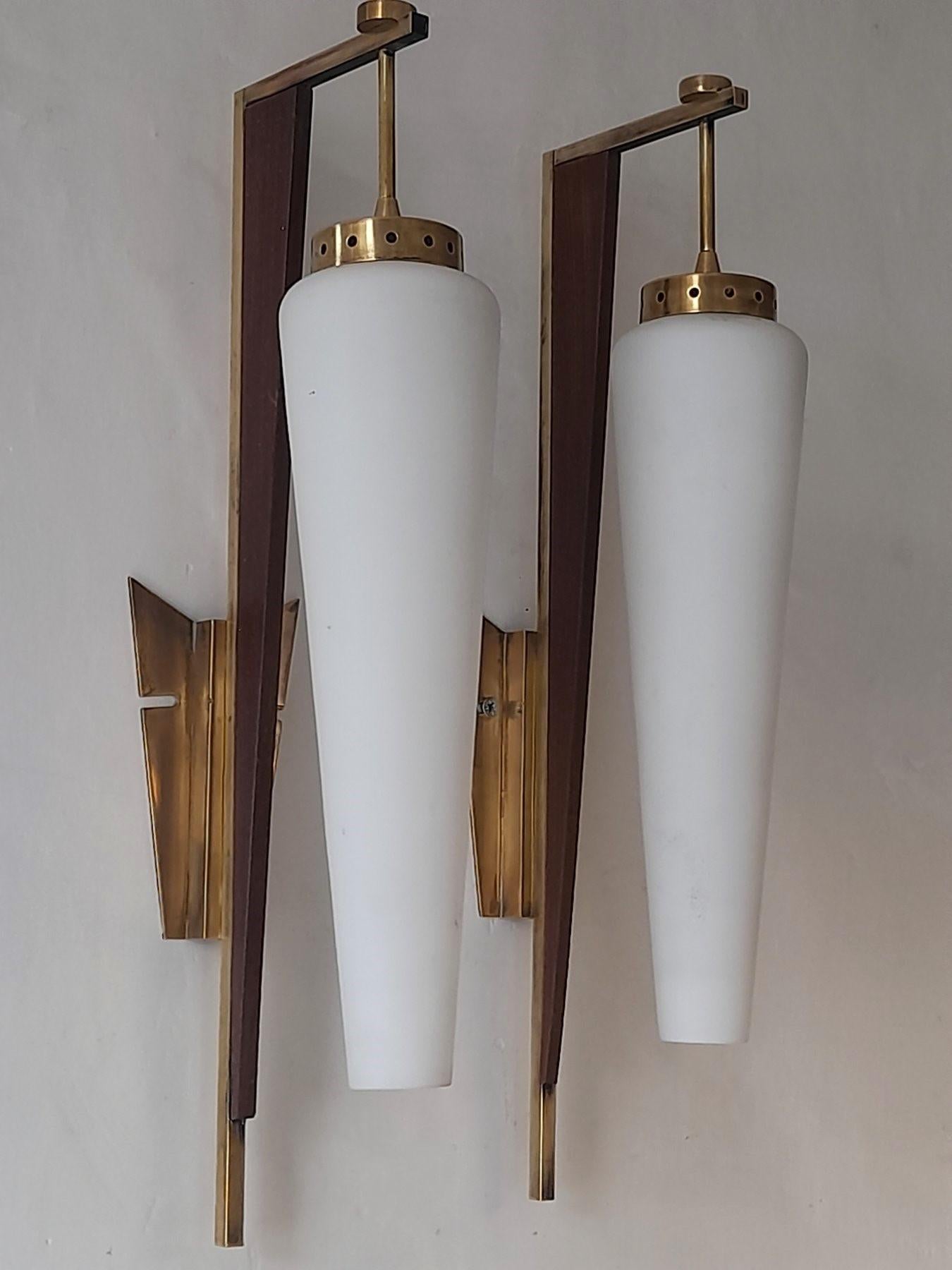 Italian Three Stilnovo Sconces Wall Lights Brass Satin Glass Wood Accents, Italy, 1950s For Sale