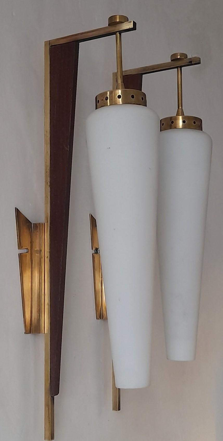 20th Century Three Stilnovo Sconces Wall Lights Brass Satin Glass Wood Accents, Italy, 1950s For Sale