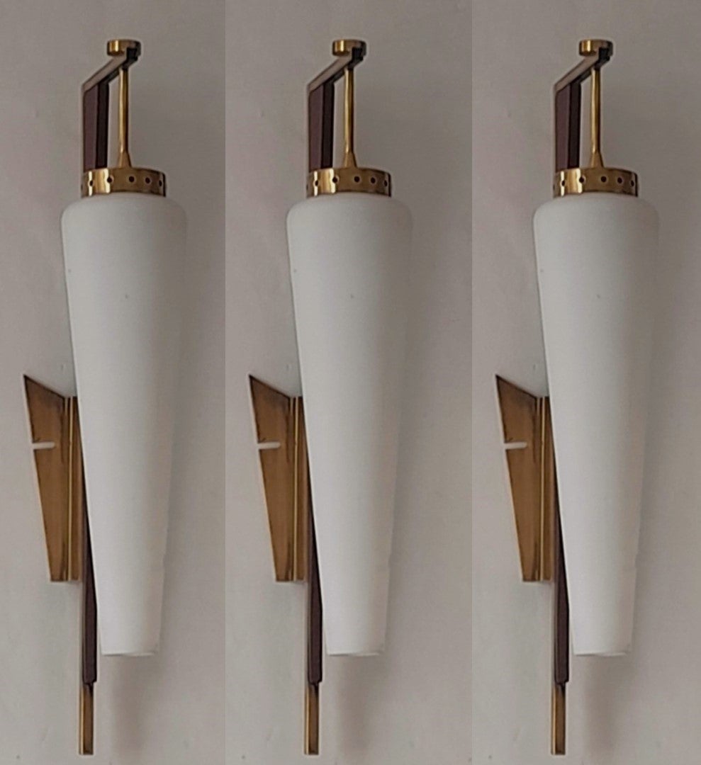 Three Stilnovo Sconces Wall Lights Brass Satin Glass Wood Accents, Italy, 1950s For Sale