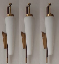 Vintage Three Stilnovo Sconces Wall Lights Brass Satin Glass Wood Accents, Italy, 1950s