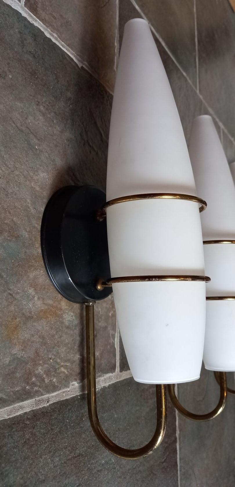 Three Stilnovo Style Brass Satin Glass Wall Sconces, Italy, 1950s For Sale 4