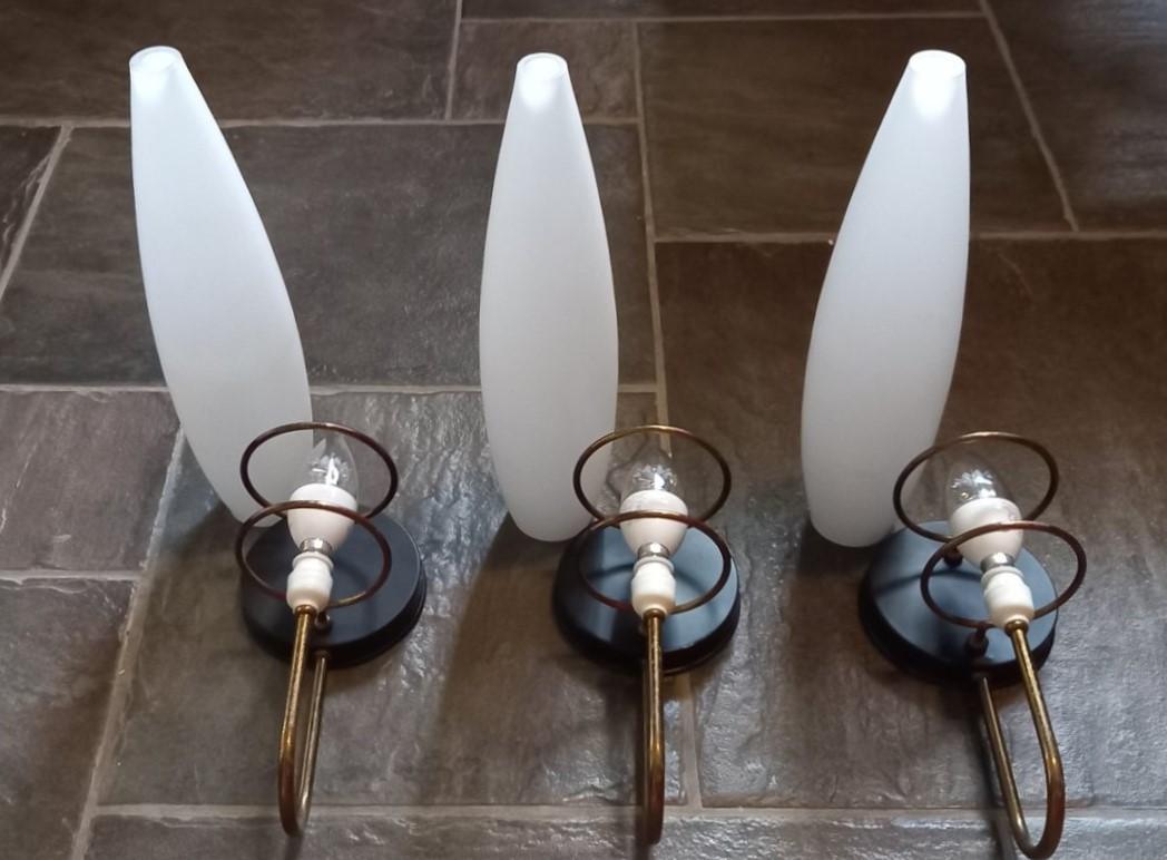 Three Stilnovo Style Brass Satin Glass Wall Sconces, Italy, 1950s For Sale 5