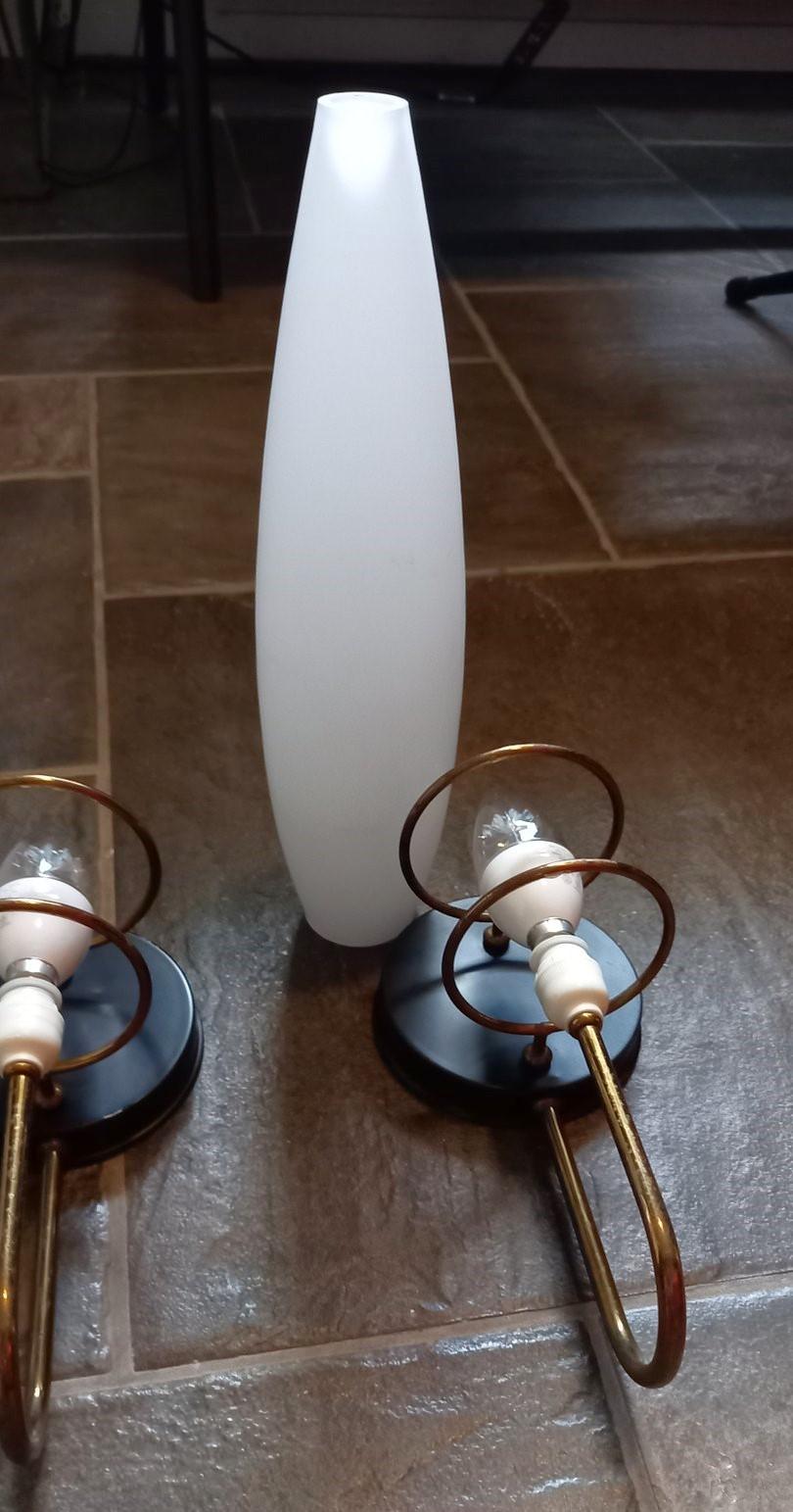 Three Stilnovo Style Brass Satin Glass Wall Sconces, Italy, 1950s For Sale 6