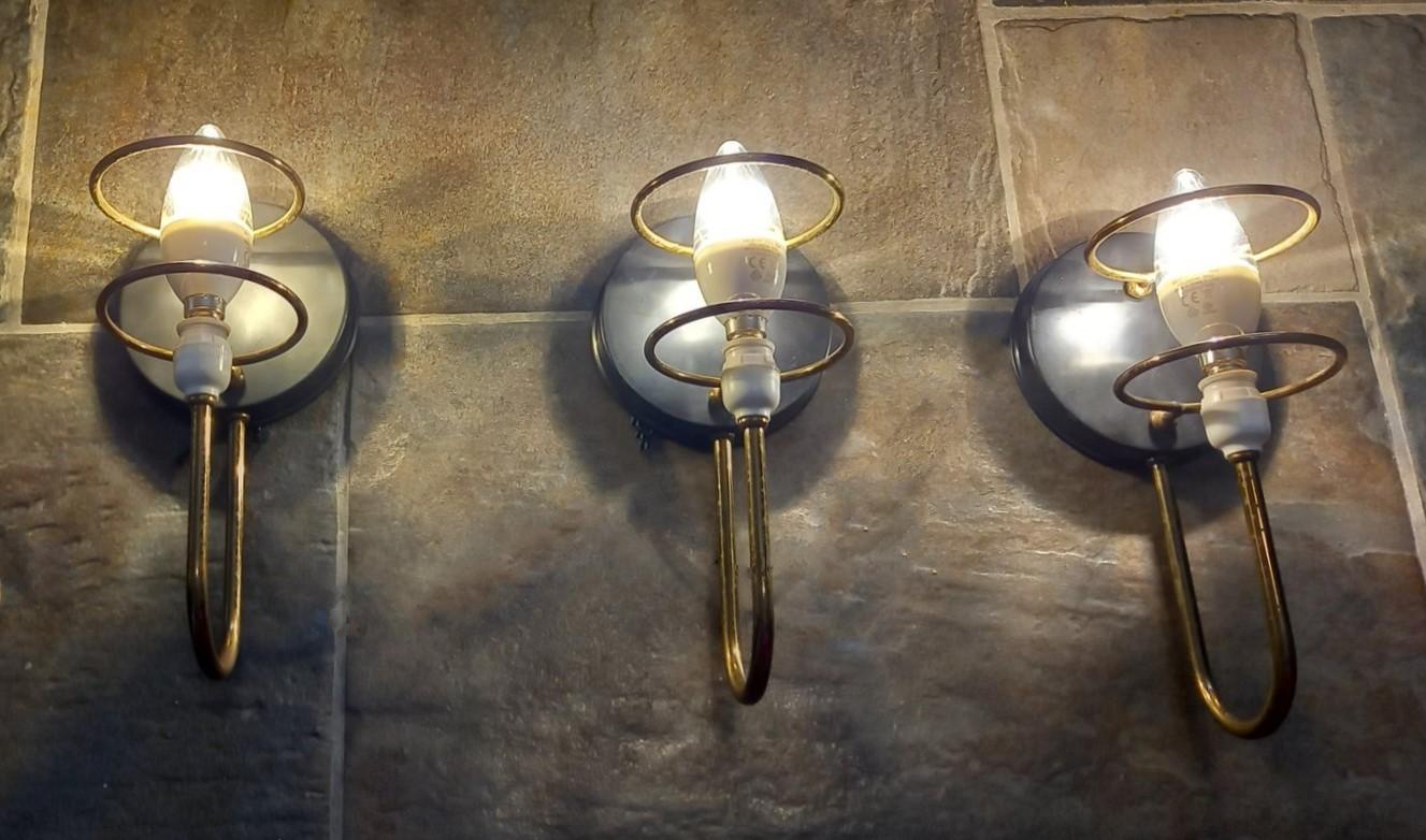 Three Stilnovo Style Brass Satin Glass Wall Sconces, Italy, 1950s For Sale 7