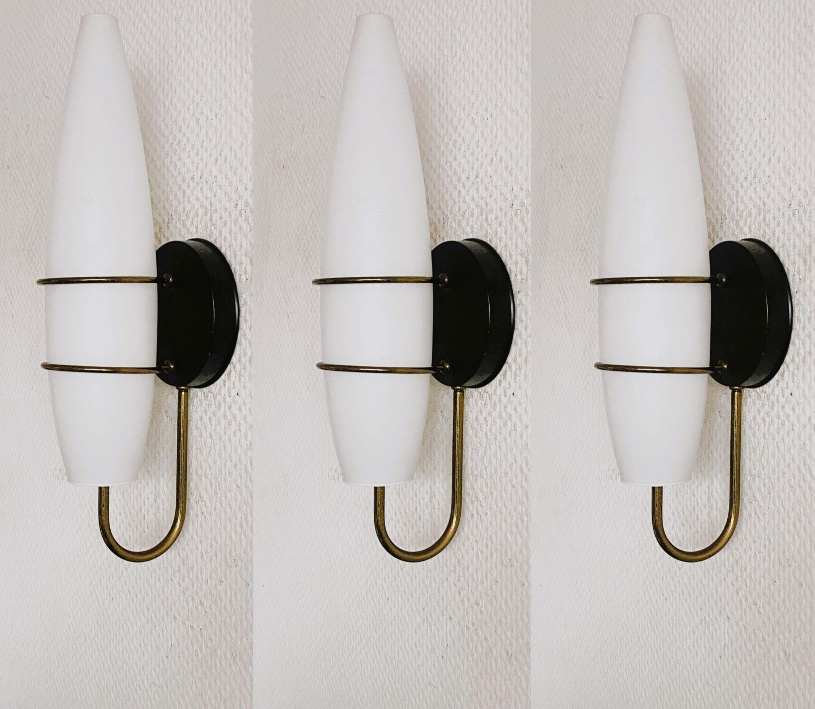 Three Stilnovo Style Brass Satin Glass Wall Sconces, Italy, 1950s For Sale 8