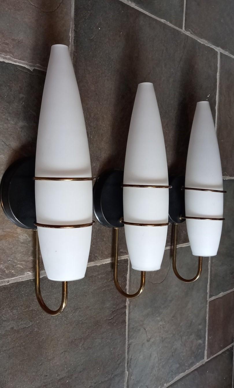 Italian Three Stilnovo Style Brass Satin Glass Wall Sconces, Italy, 1950s For Sale