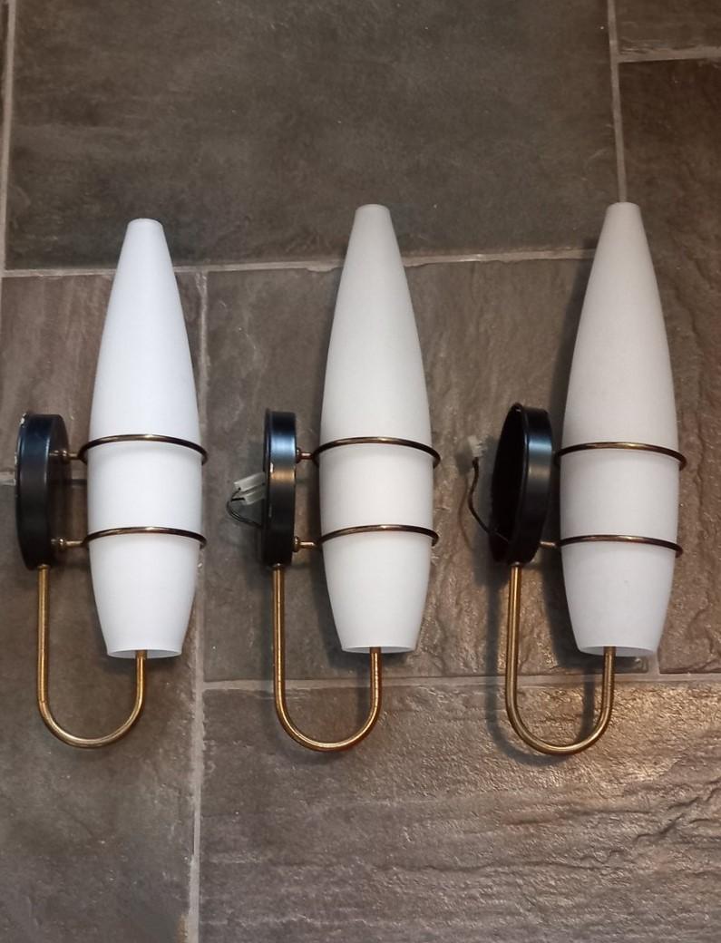 20th Century Three Stilnovo Style Brass Satin Glass Wall Sconces, Italy, 1950s For Sale