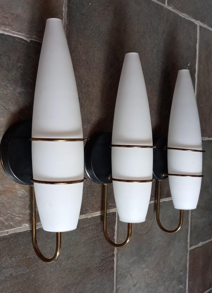 Three Stilnovo Style Brass Satin Glass Wall Sconces, Italy, 1950s For Sale 1