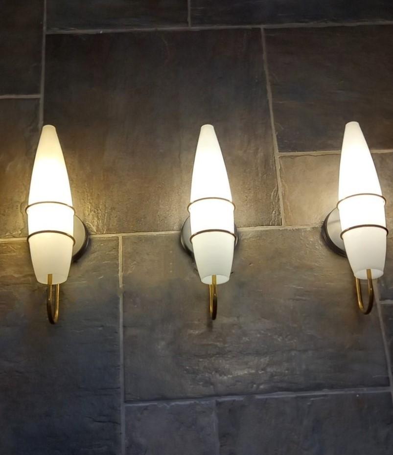 Three Stilnovo Style Brass Satin Glass Wall Sconces, Italy, 1950s For Sale 2