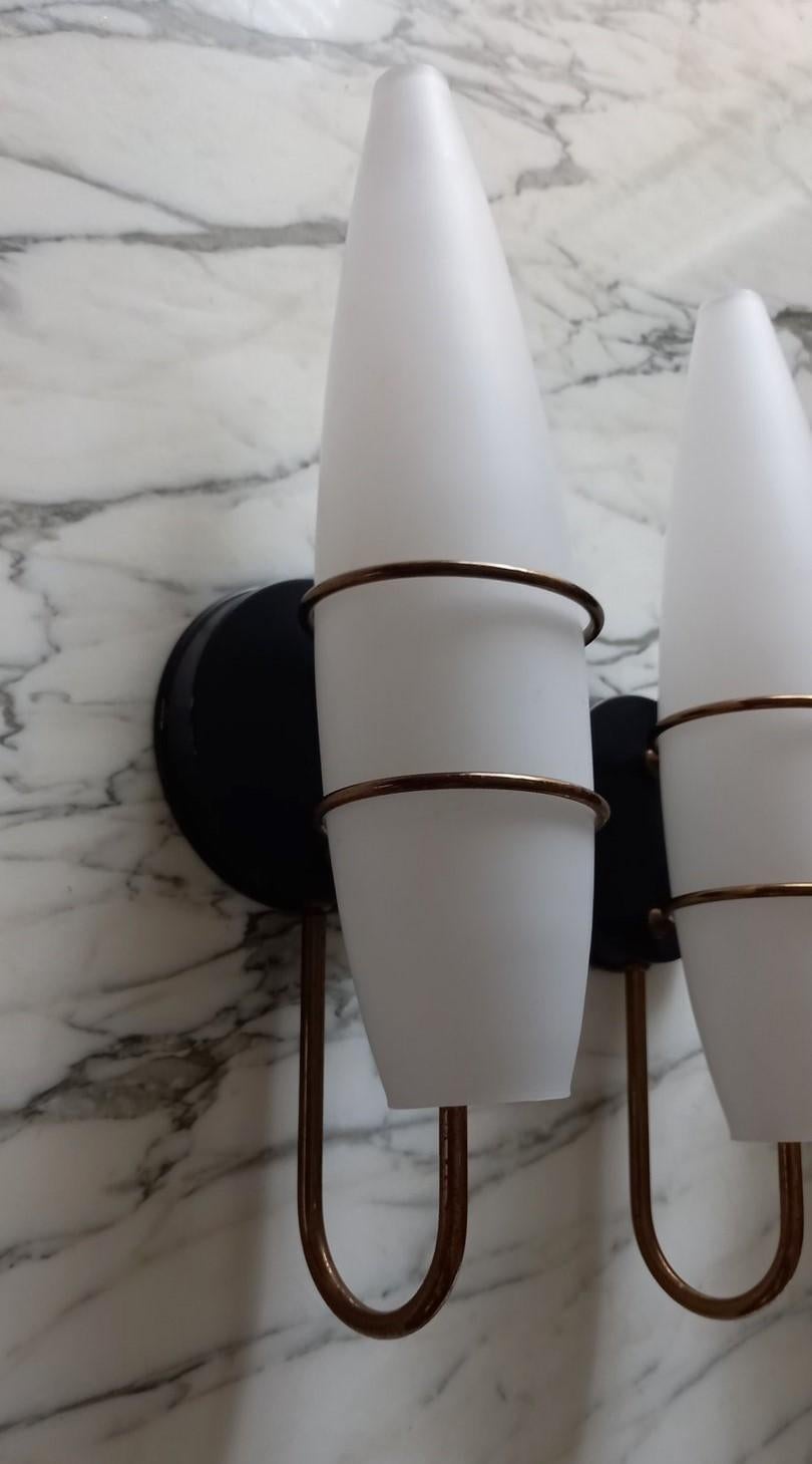 Three Stilnovo Style Brass Satin Glass Wall Sconces, Italy, 1950s For Sale 3