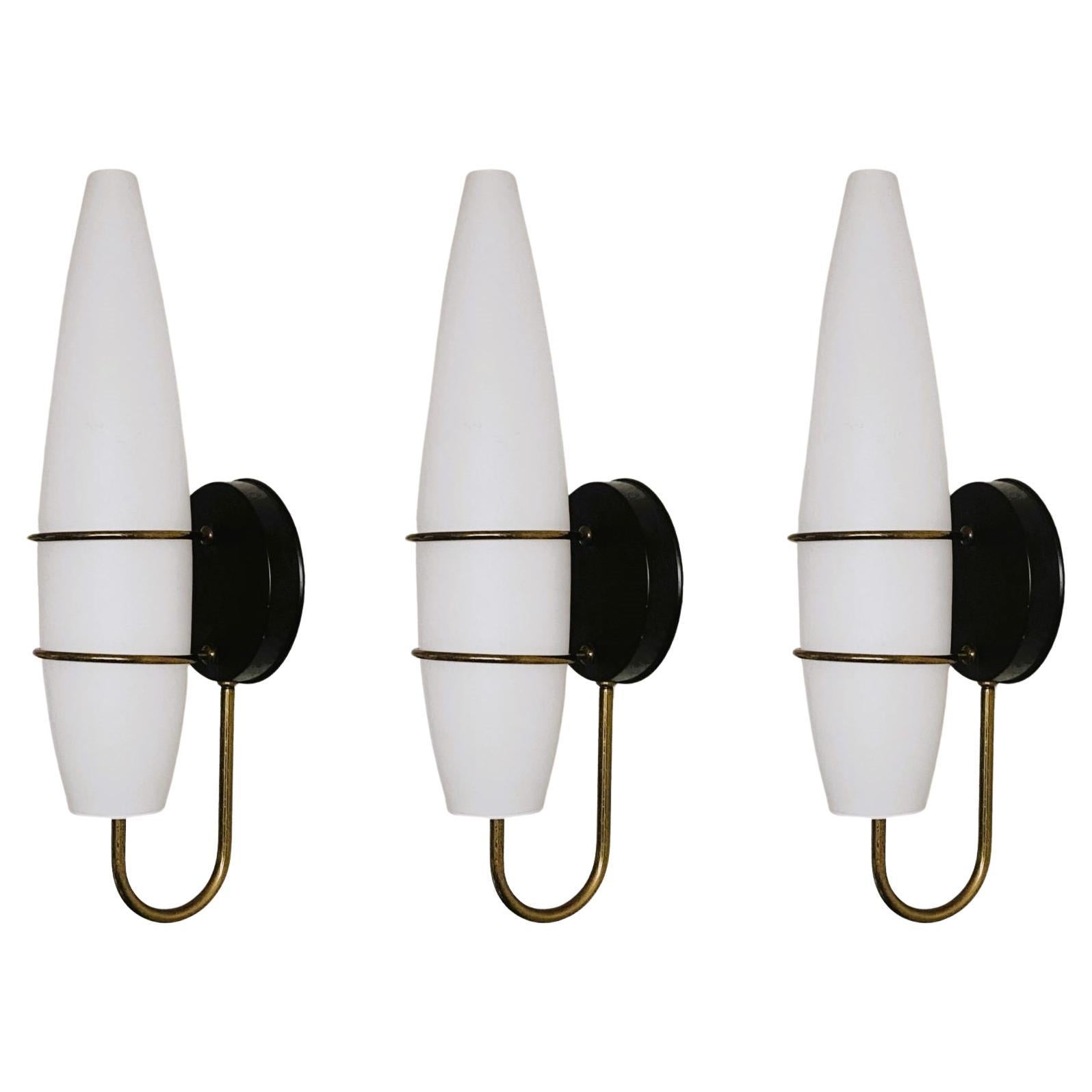 Three Stilnovo Style Brass Satin Glass Wall Sconces, Italy, 1950s