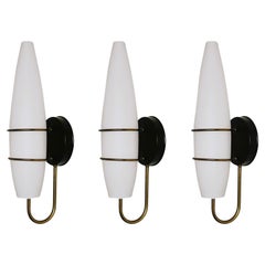 Three Stilnovo Style Brass Satin Glass Wall Sconces, Italy, 1950s