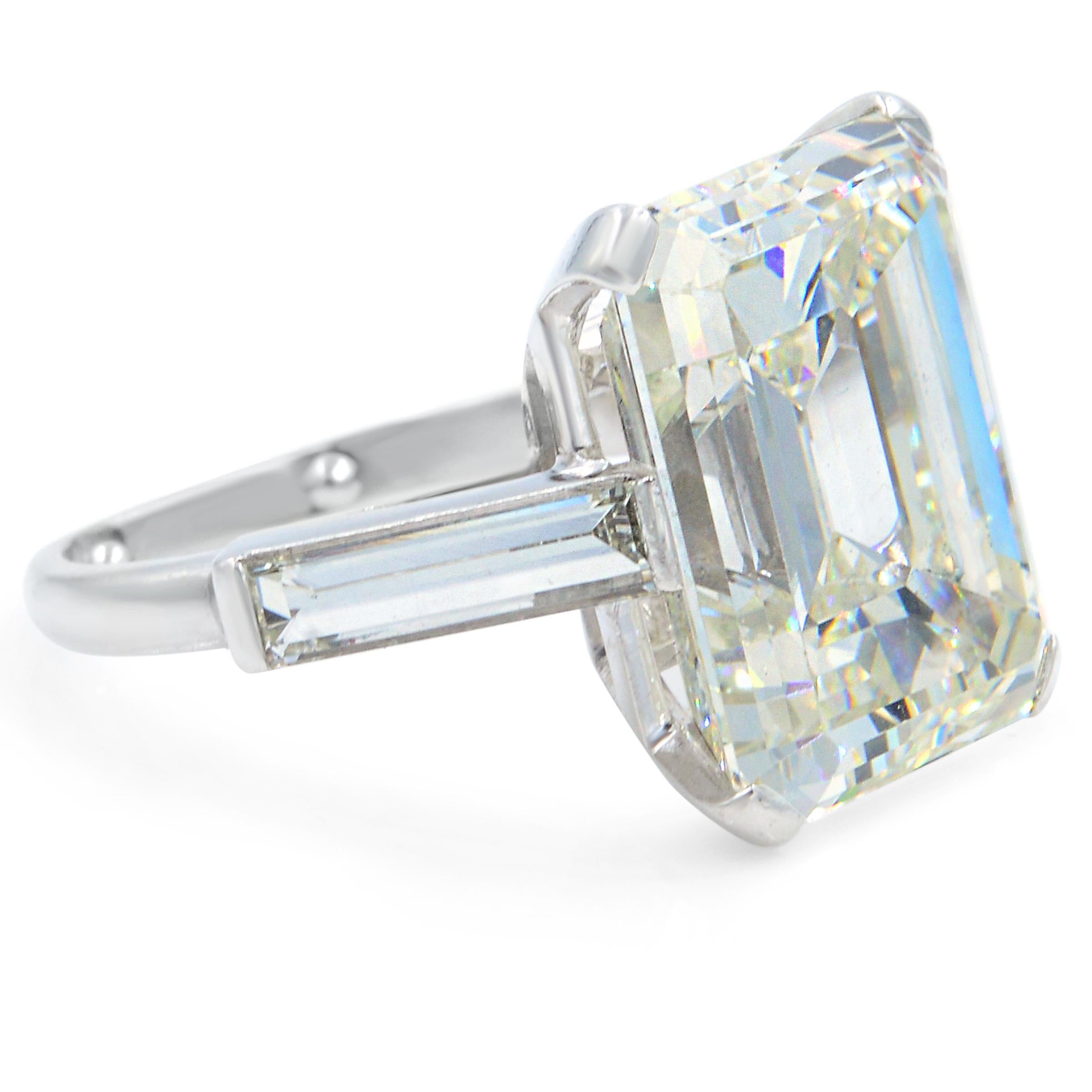 Marquise Cut Three-Stone 11.27 Carat Emerald Cut Art Deco Diamond Ring 18 Karat White Gold