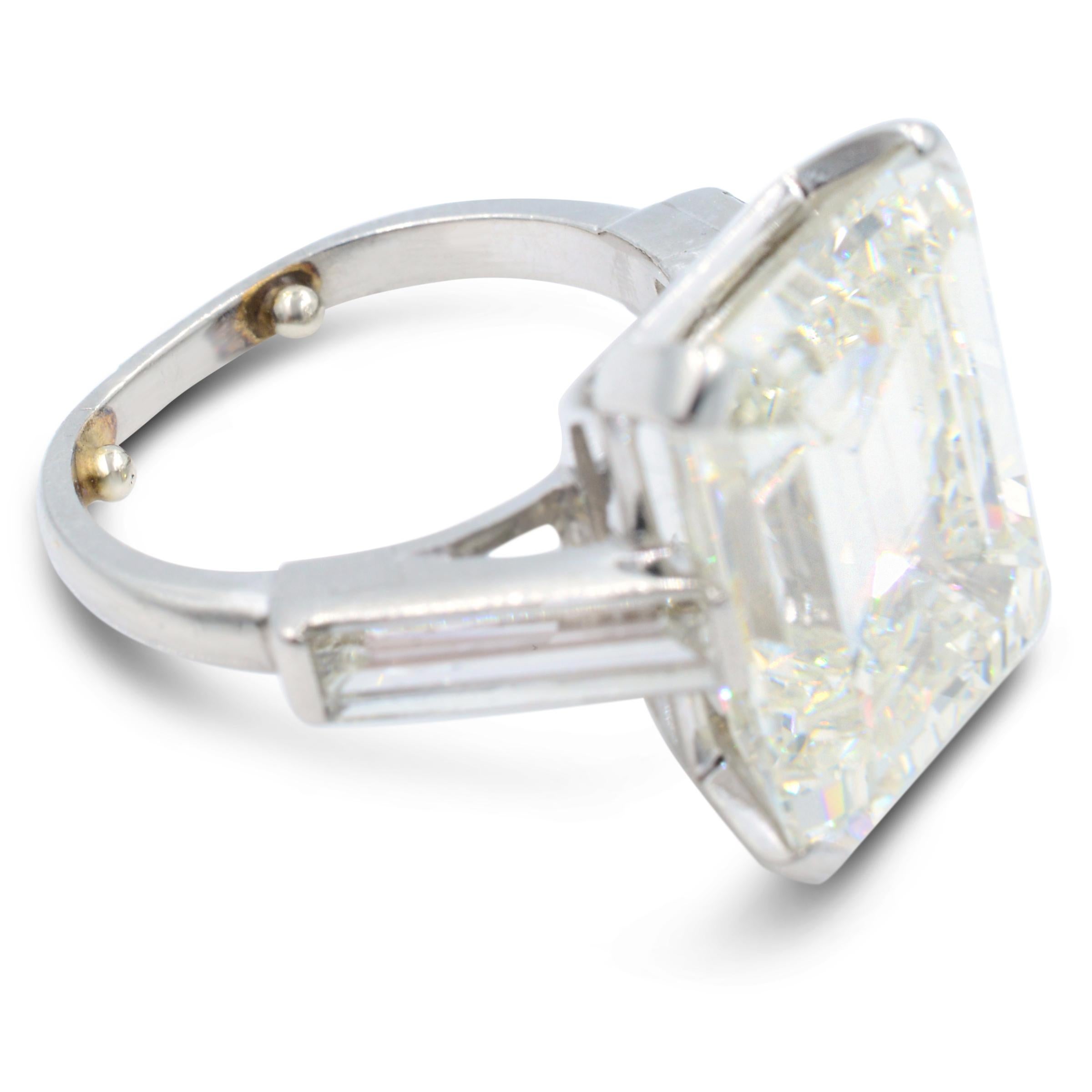 Women's Three-Stone 11.27 Carat Emerald Cut Art Deco Diamond Ring 18 Karat White Gold