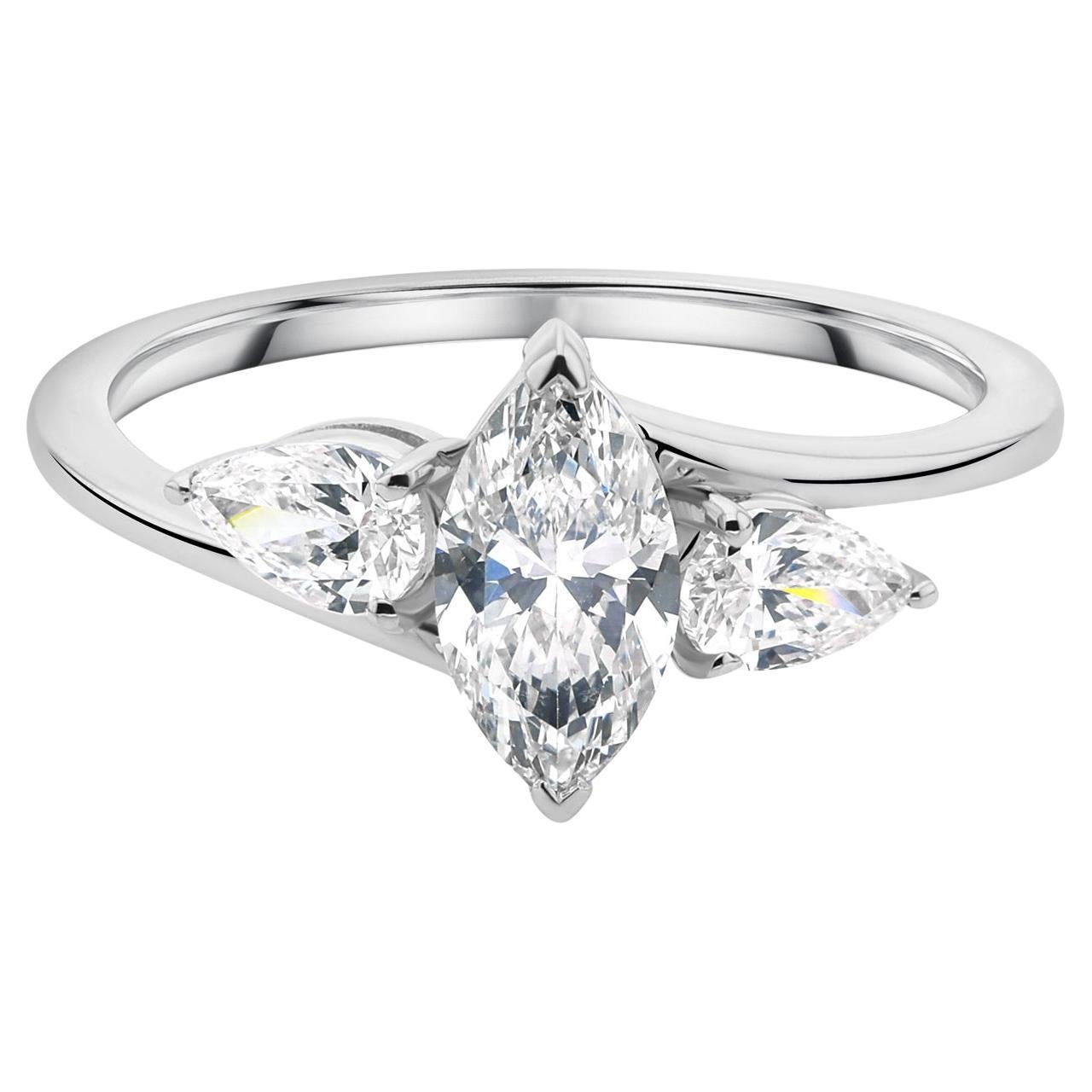 Anillo de compromiso de diamantes naturales talla múltiple de tres piedras y 1,18 qt Oro blanco de 14 quilates