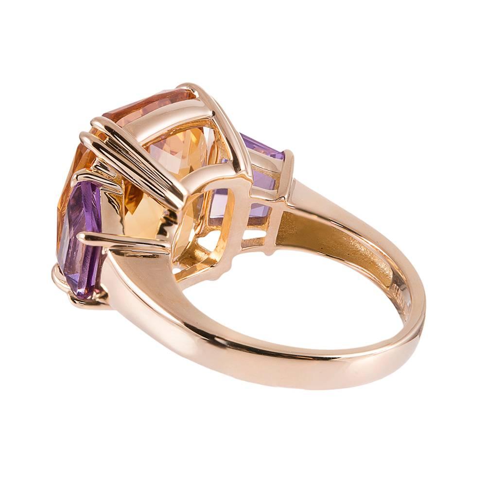 Three-Stone 13.42 Carat Citrine and Amethyst Ring, Signed Seaman Schepps In New Condition In Carmel-by-the-Sea, CA