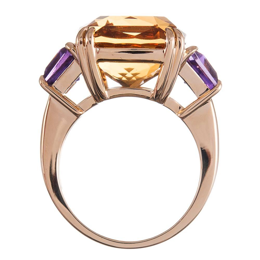 Women's Three-Stone 13.42 Carat Citrine and Amethyst Ring, Signed Seaman Schepps