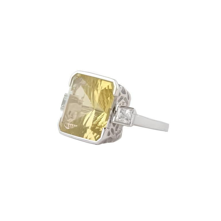 For Sale:  Three Stone 17.85 Ct Lemon Topaz and CZ Cocktail Ring 925 Sterling Silver 5