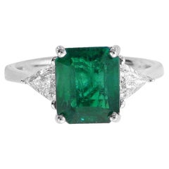 Three Stone 3.17ct Emerald Ring w/Trillion Diamonds