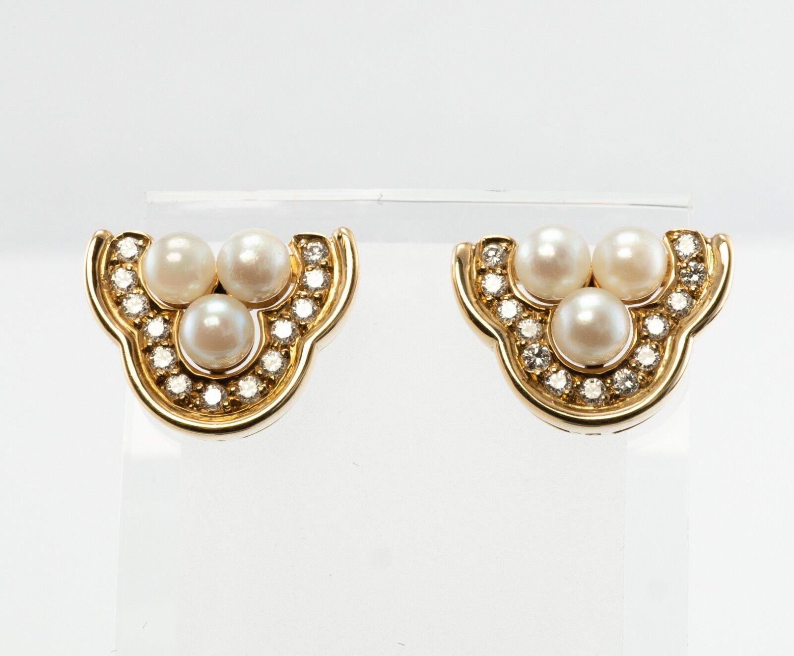 These pretty earrings are finely crafted in solid 18K Yellow gold (stamped and tested). Three high-quality Akoya cultured pearls are 4mm each. The pearls have a great luster and skin. Thirteen white and fiery diamonds in each earring are estimated