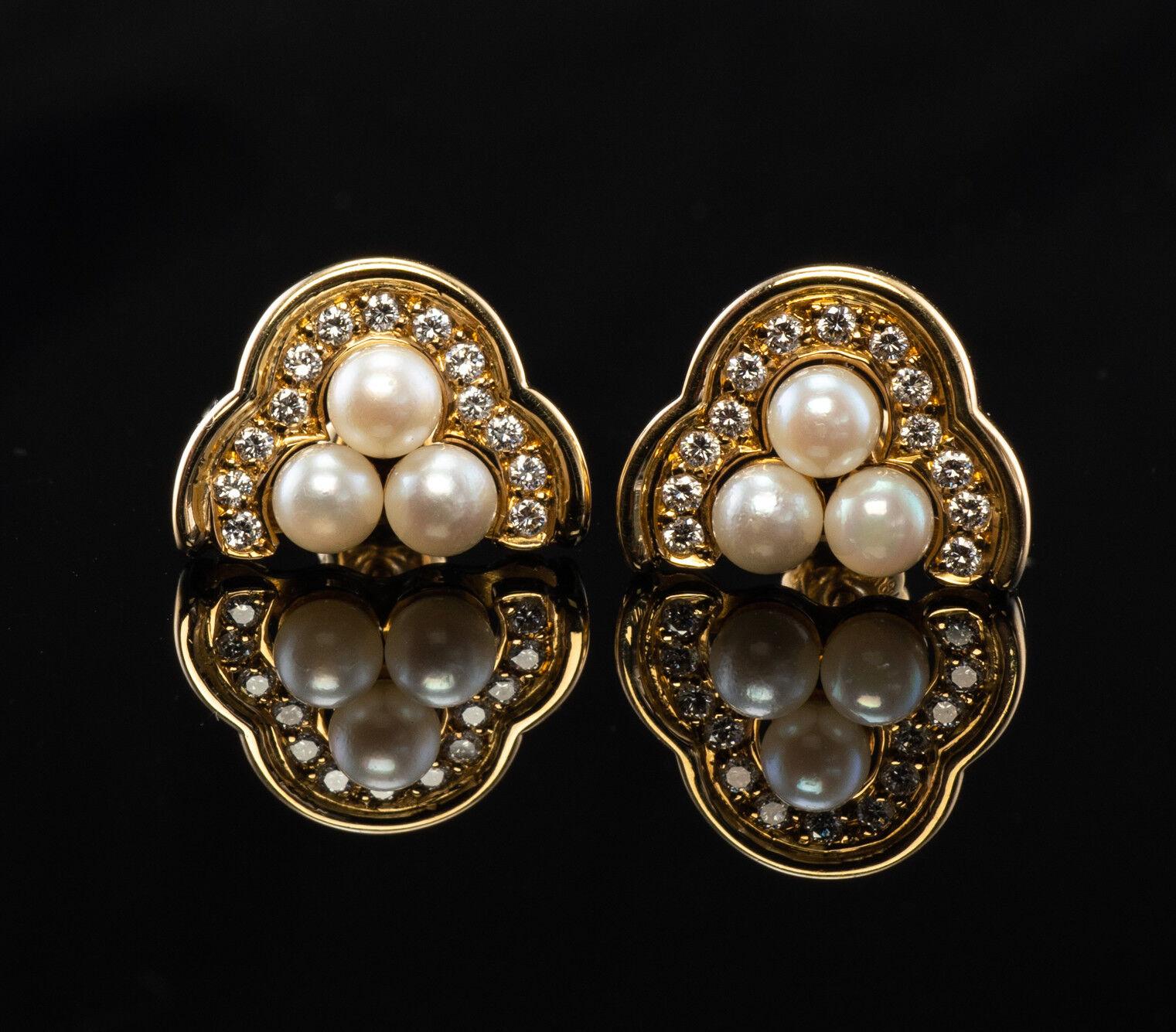 Round Cut Three Stone Akoya Pearl Diamond Earrings 18K Gold Vintage