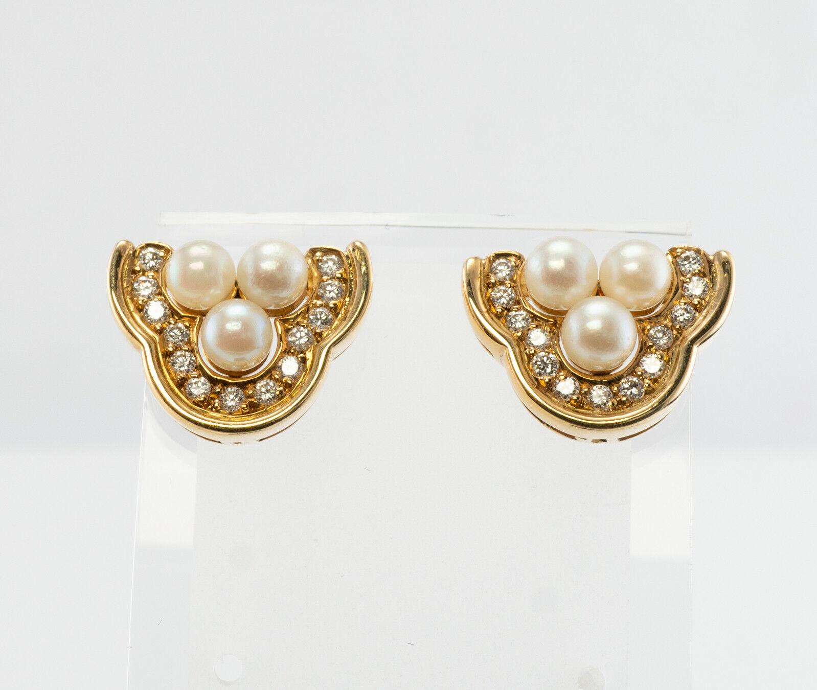 Three Stone Akoya Pearl Diamond Earrings 18K Gold Vintage 1