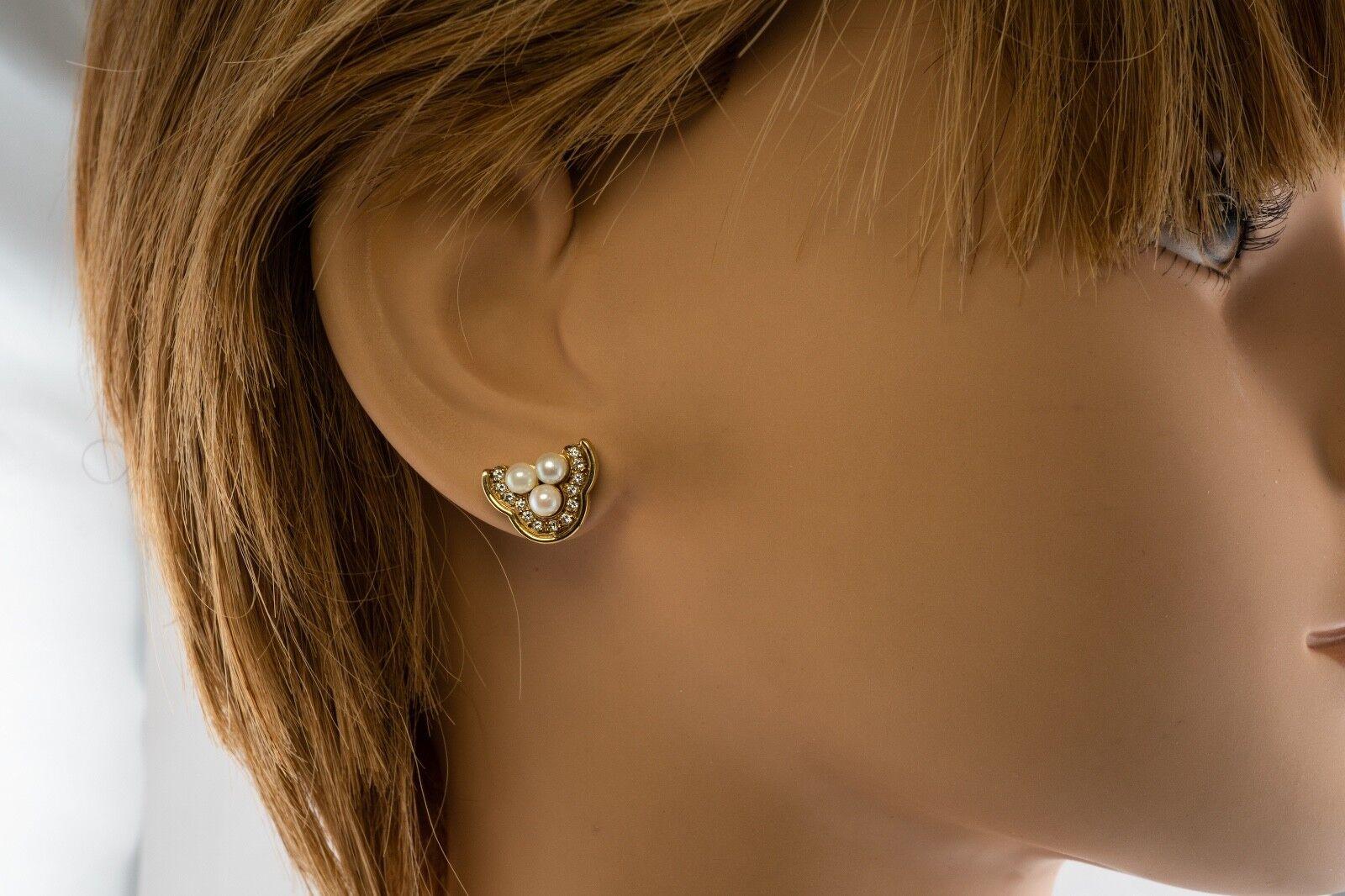Three Stone Akoya Pearl Diamond Earrings 18K Gold Vintage 2