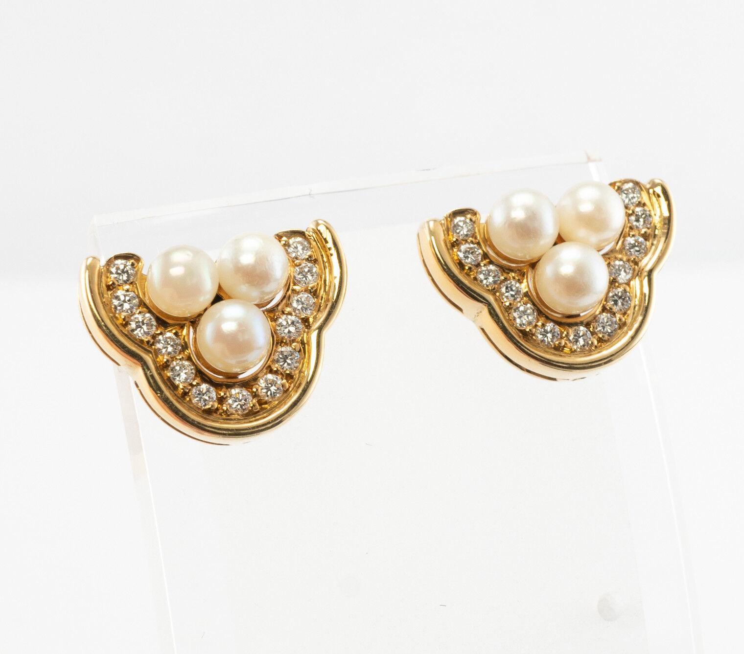 Three Stone Akoya Pearl Diamond Earrings 18K Gold Vintage 3