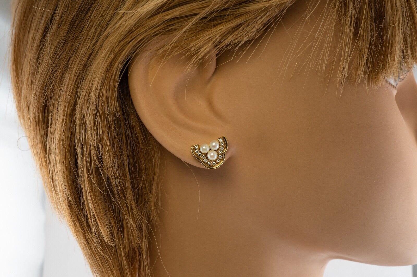 Three Stone Akoya Pearl Diamond Earrings 18K Gold Vintage 4
