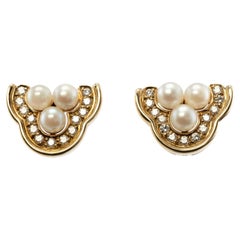 Three Stone Akoya Pearl Diamond Earrings 18K Gold Vintage