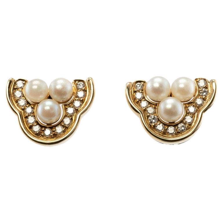 Three Stone Akoya Pearl Diamond Earrings 18K Gold Vintage For Sale at ...