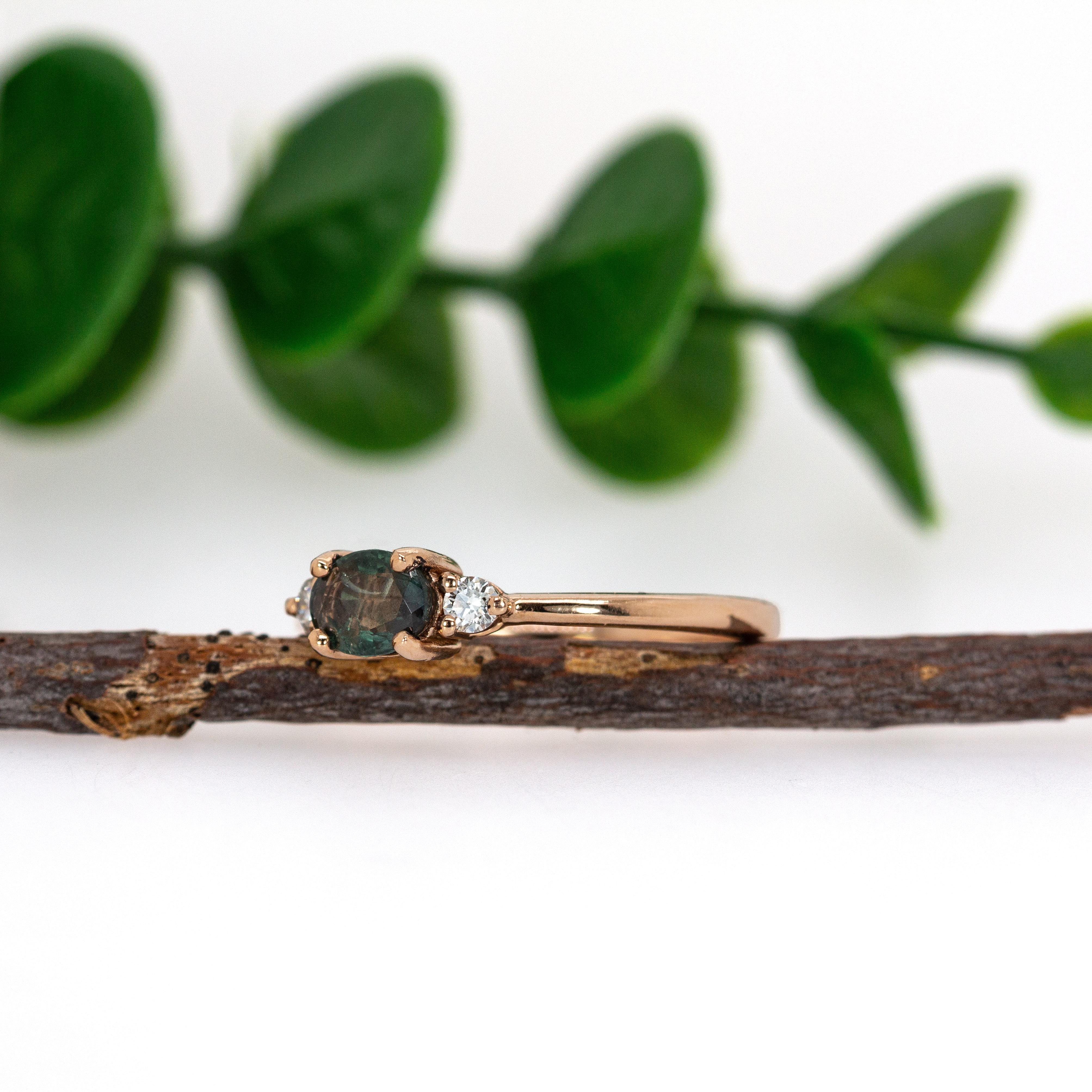 Oval Cut Three Stone Alexandrite and Natural Diamond Ring in Solid 14K Rose Gold For Sale