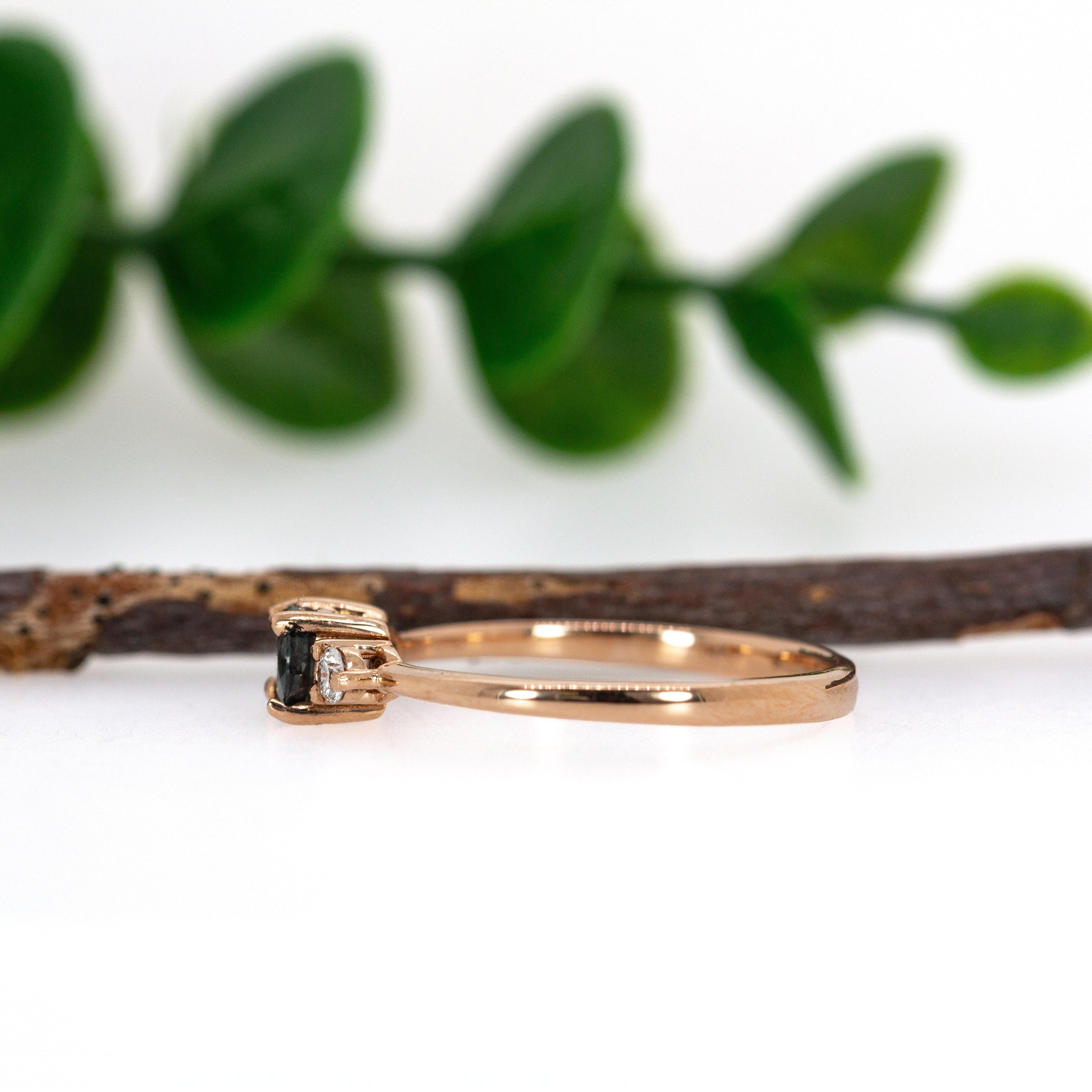 Women's Three Stone Alexandrite and Natural Diamond Ring in Solid 14K Rose Gold For Sale